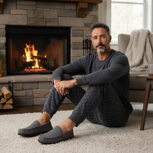 My Slippers by My Pillow Mens 14 W Grey Leather Moccasin Slippers 74461-08 Wide